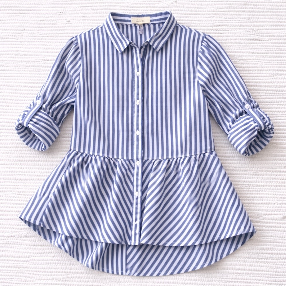 Love Notes Cotton S Blue White Stripe Peplum Button Front Blouse